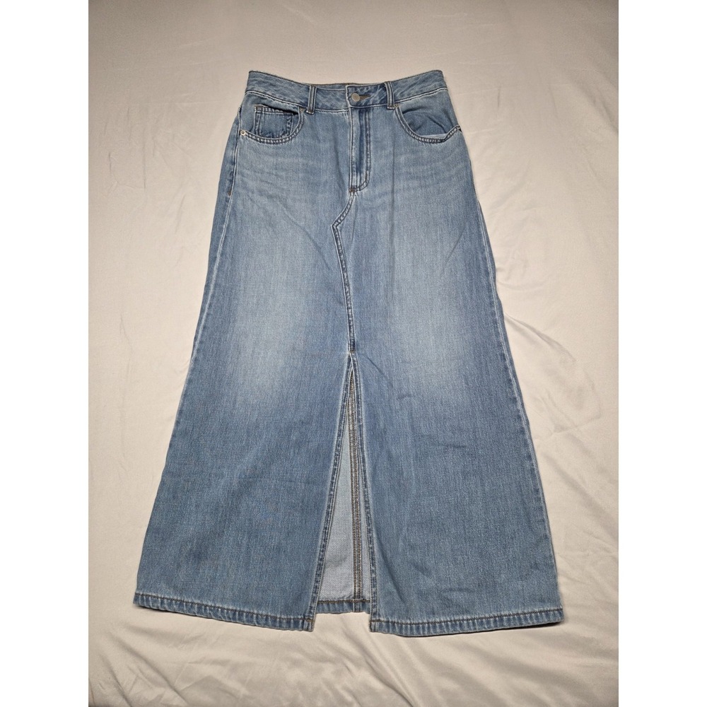 GU By Uniqlo Long Denim Skirt A-Line High Waisted Narrow Front Slit Size M